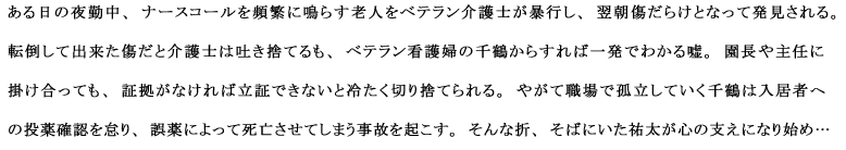 ある日の夜勤中、ナースコールを頻繁に鳴らす老人をベテラン介護士が暴行し、翌朝傷だらけとなって発見される。